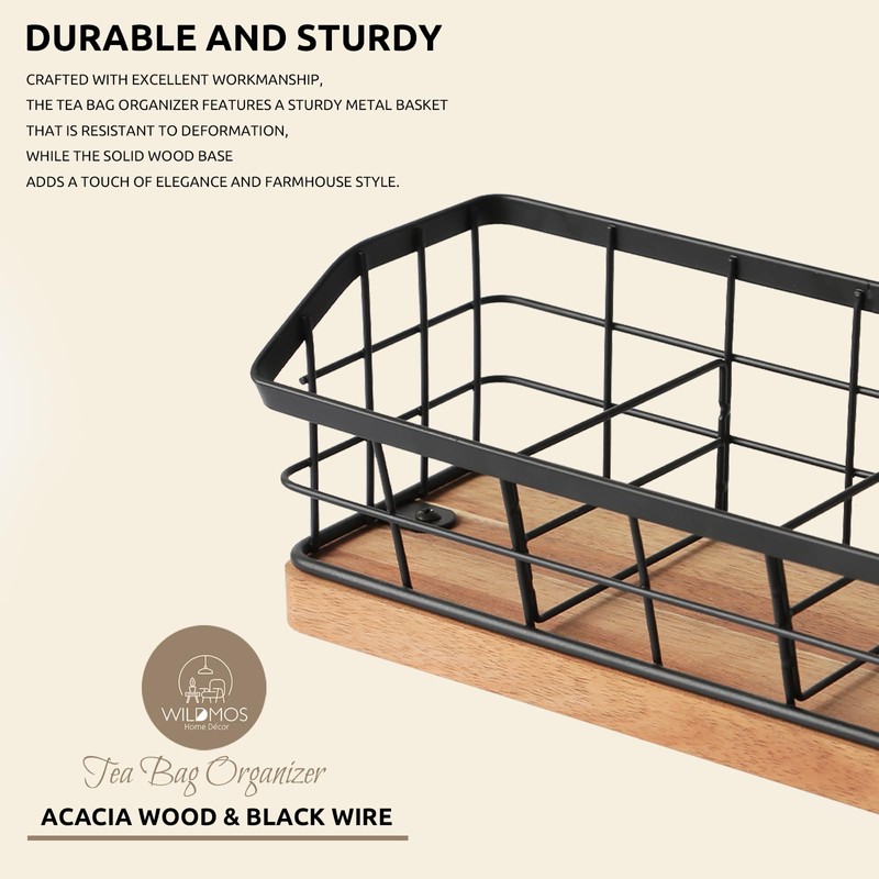 WILDMOS Tea Bag Organizer,Iron Wire Basket with Wooden Base.Tea Storage