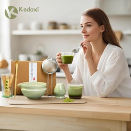 Kedoxi Matcha Whisk Set, Matcha Set 5 PCS, Matcha Kit with Matcha Bowl, Bamboo Matcha Whisk (Chasen), Scoop (Chashaku), Stainless Steel Sifter & Matcha Whisk Holder - Ceremonial Grade Japanese Tea
