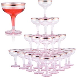 Zopeal 50 Pcs Plastic Champagne Glasses 5 oz Shatterproof Plastic Coupe Glasses Disposable Cocktail Glasses Stackable Reusable Martini Glasses Wine Glasses (Rose Gold Rim,Sliver Glitter)
