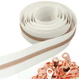 Leekayer White Nylon Zippers by The Yard 10 Yards 5# Zipper Tape with 25pcs Rose Gold Sliders for DIY Sewing Tailor Craft Bag