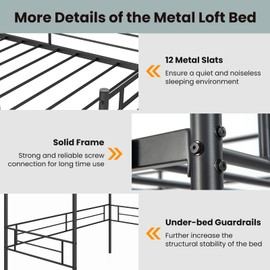Giantex Metal Loft Bed Twin Size for Juniors & Adults, Loft Bed Frame with Ladder & Safety Guardrail, 61" Under-Bed Space, Space-Saving Twin Bed for Teens, No Box Spring Needed (Black)