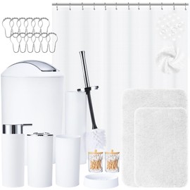 iMucci 12PCS White Bathroom Accessories Set - with Shower Curtain,Rugs,Trash Can,Toilet Brush,Toothbrush Holder, Lotion Soap Dispenser, Soap Dish,Toothbrush Cup,Qtip Holder