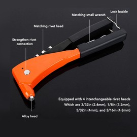 Yosoo Health Gear Manuelle Nietpistole, 2,4 Mm, 3,2 Mm, 4 Mm, 4,8 Mm, 4 Austauschbare Köpfe, Ergonomische, Arbeitssparende Handnietpistole für Automobil, Eisenbahn, Möbel, Instrumente