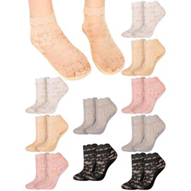 Fourluoo 10 Pairs Summer Womens Lace Ankle Socks Transparent Sheer Socks and No Show Lace Socks Sets for Women(Black, Skin, White, Pink, Gray,Elegant)
