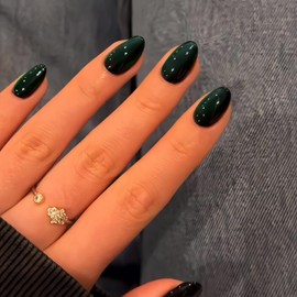 SXVME Soft Gel Press on Nails Short Oval, 30 Pcs Dark Green Cat Eye False Nails Short Almond, Sparkly Glitter Black Fake Nails Set, Reusable Shiny Bling Stick on Nail for Women Holiday Decoration