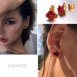 Suplight Gold Red Rose Earrings Wedding Bridal Jewerly Dainty Floral Flower Leaf Ear Studs Gifts for Women
