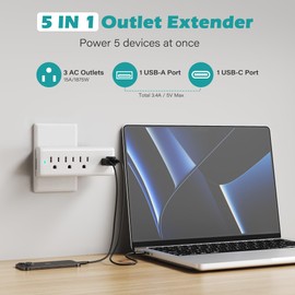 Surge Protector Outlet Extender Wall Tap Adapter, 3 AC Multi-Outlet Power Strip with 2 USB Ports (USB-A & USB-C), 5 in 1 3-Prong Grounded Plug Charging Station for Home, Office, Travel-ETL-White