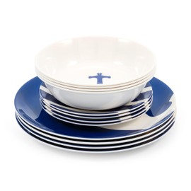 Camco 12 Piece Melamine Dishware Set - Features Blue and White Nautical Design - Includes 4 Bowls, 4 Salad Plates, & $ Dinner Plates - Dishwasher Safe Dish Set (41951)