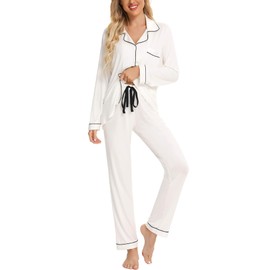 Anjue Pajamas Sleepwear Sets for Wedding White Lounge Set Women's Pajama Set Button Down Sleep Sets Soft Cotton Sleepwear(White,S)