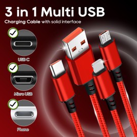 UCEC 3 in 1 Multi Charging Cable USB A to Phone/USB C/Micro USB, Universal Multiple Charger Cord, USB Cable Multiple Connectors, Charging Cables Cords for Multiple Devices Phones 4FT 2Pack Red