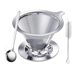 QRZLP Pour Over Coffee Dripper, Stainless Steel Paperless Reusable Coffee Filter with Cleaning Brush and Scoop, Double Mesh Design of Manual Cone Filter Coffee Maker for Home Office. (Small 1-2 cup)