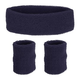 PATIKIL Sports Wristband and Headband Set 8x8cm Cotton Terry Cloth Sweat Band and 20x5cm Headband for Tennis, Basketball, Running, Navy Blue (1 Headband & 2 Wristbands)