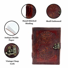 Skull Embossed Leather Journal - Blank Spell Book of Shadows, Antique Deckle Paper Diary | Gift for Men and Women - Prayer Pagan, Witchcraft Supplies, Wiccan Decor Notebook & Sketchbook