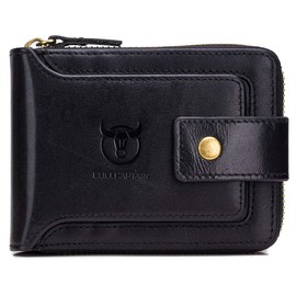 BULLCAPTAIN Leather Mens RFID Blocking Wallet Zipper Bifold Wallets for Men, Black, Small, Vintage