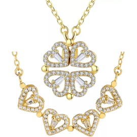 Collar Dije Trebol Corazones 4 Cuatro Hojas Para Mujer Corazon Chapado En Oro 18k Dama Elegante Colgante Convertible Doble Vista Magnético Baño De Oro Con Zirconias Cúbicas Mujeres