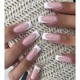 Artquee French Tip Press on Nails Long L Square Pink False Tips White Glossy Reusable Fake Stick on Nails Kit for Women - 30 Pcs 15 Sizes