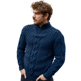 SAOL Aran - Suéter para hombre de lana con cierre y cuello de pescador irlandés, fabricado en Irlanda, Azul océano, Medium