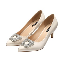 ERIJUNOR E1604 Women Pumps Low Heel Rhinestone Brooch Satin Evening Prom Wedding Bridal Shoes Champagne Size 9