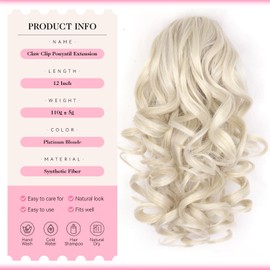 Clip in Ponytail Hair Extensions - 12 Inch Curly Ponytail Extension, Wavy Pony Tail Hair Pieces for Women, Synthetic Pony Tail Hair Pieces for Women (Color: Platinum Blonde)