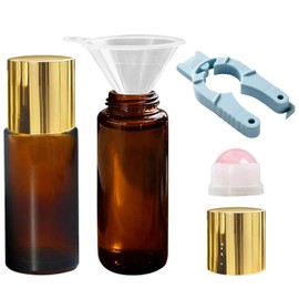 Bottiglie roll-on per oli essenziali, al quarzo rosa, confezione da 2 bottiglie vuote da 50 ml in vetro ambrato ricaricabili con sfera roll-on in cristallo per olio di ricino, dotate di imbuto e