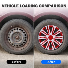 AUTOWIKI 15 Inch Universal Hubcaps, Set of 4 R15 ABS Wheel Rim Covers, Auto Tire Cover Replacement Exterior Hub Cap Cover - White & Red Lacquer