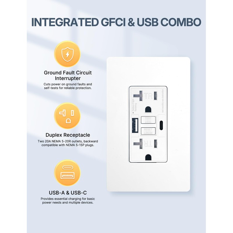 MOES 20 Amp GFCI USB Outlet with Type C &