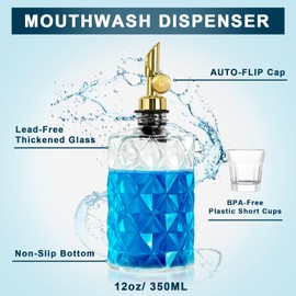 TOLDATLI Mouthwash Dispenser for Bathroom, Luxury Diamond Glass Mouth Wash Container, 1 Pack Glass Mouthwash Dispenser Bottles with Cup, Auto-Flip Mouthwash Decanter, 12oz