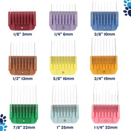 Bucchelli 9 Piece Clipper Guard Attachment (3mm to 32mm) Set Fits for A5 Type Blades with Color Coded System | Stainless Steel Blade for Professional Dog Groomers and Stylists - Pack of Nine Sizes