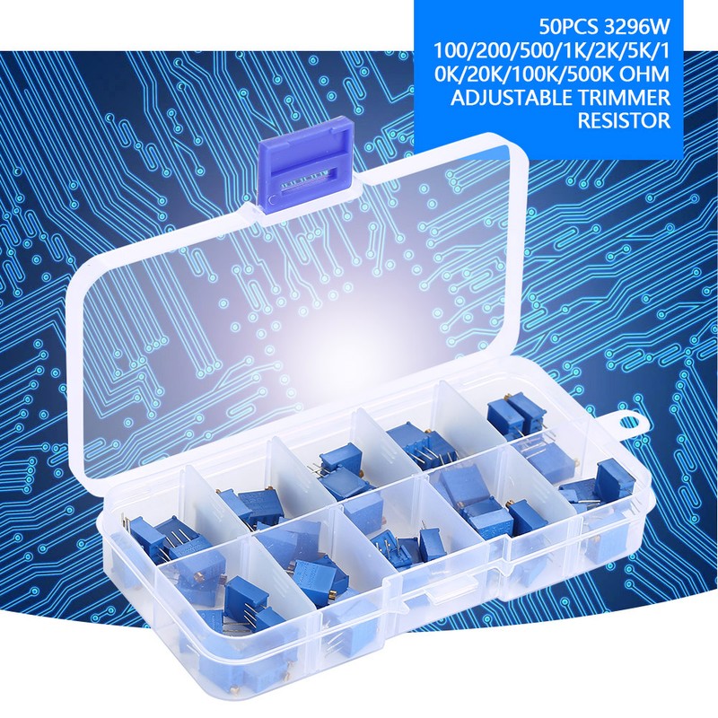 50pcs 3296W 100/200/500/1k/2k/5k/10k/20k/100k/500k Ohm Adjustable Trimmer Resistor
