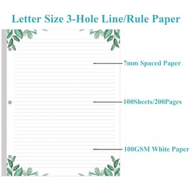 A4 Lined Refill Paper, 3-Hole Punched Ruled Filler Paper, 100Sheets / 200Pages Loose-Leaf Line Paper, 100gsm White Paper, 8.5'' x 11'', Leaf