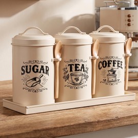 Purpeak 3 Pcs Beige Coffee Tea Sugar Container Set, Metal Airtight Food Jar with Lids Scoops and Tray Rustic Farmhouse Kitchen Decorative Countertop Canister for Coffee, Sugar, Tea, Flour Food Storage