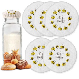 Sourdough Starter Jar Covers for Mason Jars, 5Pack Cute Bee Happy Reusable Linen Sourdough Proofing Cloth for 3-4 Inch Jar Mouth Baking Supplies