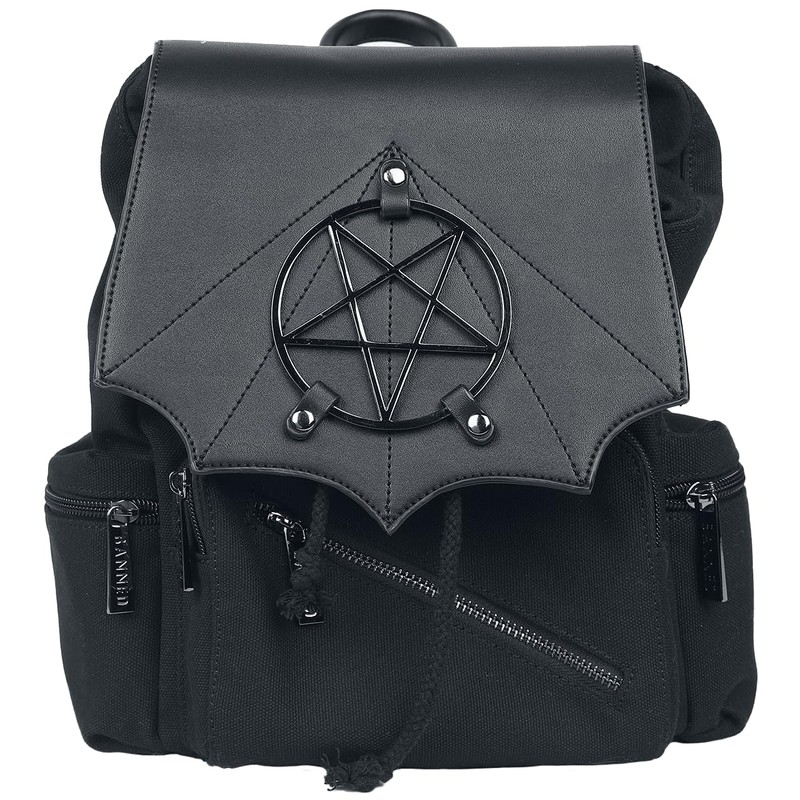Banned Moloch Pentagram Backpack Batwing Gothic Faux Leather Canvas Bag,