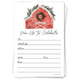 Rustic Red Barn Christmas Invitations With Envelopes - Watercolor Holiday Party Invitations (20 Count) - Winter Invites For Work, Open House, Family Dinner or Community Event
