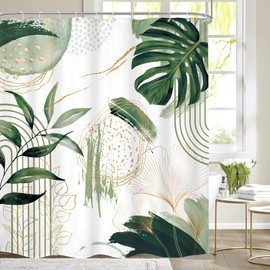 Mitpok Green Boho Shower Curtain 60Wx72H Sage Green Bohemian Modern Abstract Tropical Palm Leaves Plant Mid Century Bathroom Decor Minimalist Geometric Bath Curtain Fabric Polyester 12 Pack Hooks