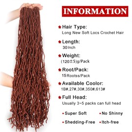 Xtrend 7 Packs 30 Inch Copper Red Soft Nu Faux Locs Crochet Braids Hair Synthetic Dreads Locs Braiding Hair Fashion Goddess Distressed Faux Locs Curly Wavy Hair Extensions 15 Strands/Pack 350#