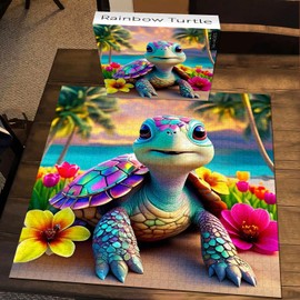 Rainbow Turtle Puzzles for Adults 1000 Pieces, PICKFORU Summer Turtle Beach Jigsaw Puzzle, Impossible Challenging Seaside Flower Animal Theme as Home Decor