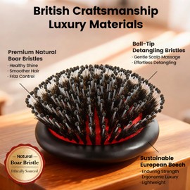 OUMIGIZ Boar Bristle Hair Brush Since 1965 British Craftsmanship, Handmade Natural Wood Slick Back Hairbrush, Soft Bristles Gentle Detangling Smoothing Women Men Kids Long Curly Thick,Thin, Fine Hair