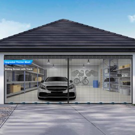 Sliding Garage Door Screen 16x8FT for 2 Car Garage Doors, Magnetic Garage Screen Door with Track Closure, Thicker 265g/㎡ Mesh, 16x8Ft Retractable Garage Door Screen(Patent has Been published)