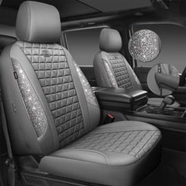 CAR PASS Bling Diamond Gray Leather Car Seat Covers Full Sets Interior Sets, Waterproof Shining Glitter Sparkly Crystal Universal Armrest Fit for Automotive Truck SUV Cute Women Girl, Gray Rhinestone
