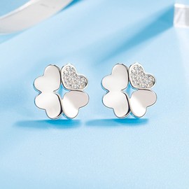 Salanda 925 Sterling Silver Lucky Four-leaf Clover CZ Stud Earrings，White Cubic Zirconia Earrings Studs,Lucky Cute Earrings Stud,Creative Earrings Women Girls, mm, Cubic Zirconia, No Gemstone