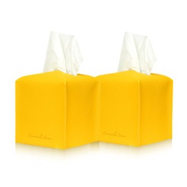 Connsole Casa Premium PU Leather Tissue Box Holder - Elegant Hotel-Style Yellow Tissue Box Cover Enhanced Décor of Home, Office & Car Tissues Cube Organizer for a Natural & Classic Look (Yellow 2pc)