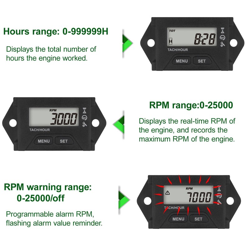 Yooreal Digital Maintenance Operating Hour Meter Tachometer for 2 or