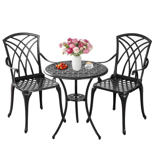 Withniture Bistro Set 3 Piece Outdoor, Round Patio Bistro Sets,Cast Aluminum Bistro Table and Chairs Set of 2 with Umbrella Hole,All Weather Bistro Table Set for Balcony(Woven Black)