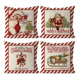 GAGEC Merry Christmas Throw Pillow Covers Candy Canes Elk Santa Claus Sleigh Rides Winter Outdoor Decorations Pillowcase Home Decor 18 x 18 Inch Living Room Cushion Case for Sofa Couch Set of 4
