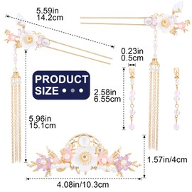 HINZIC 5pcs Flower Tassels Hairpin for Women, Non-Slip Rhinestone Pearl Clover Hair Clips Headpiece, Retro Chinese Hanfu Wedding Brides Hair Accessories for Long Hair