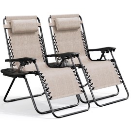 Nestl Zero Gravity Chairs Set of 2, Patio Lounge Chair Outdoor with Pillows & Cup Holder Trays, Adjustable Steel Mesh Reclining Camping Chair, Folding Patio Lawn Chair for Deck, Beach, Yard - Beige