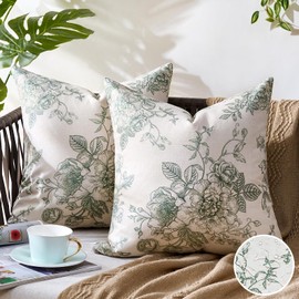 Outdoor Cushion Weatherproof Cushion Cover Waterproof Decorative Cushion Covers 40 x 40 cm Cushion Covers Sage Green Flowers Decorative Cushion Cover Spring Summer Rustic Farmhouse for Garden Sofa Couch Set of 2