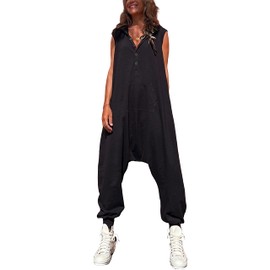 Tanming Hooded Jumpsuits for Women Casual Sleeveless Long Harem Pants Romper with Pockets (Black-M)