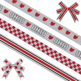 Threetols 4 Rolls 20 Yards Ohio Ribbons, 3/8" White Red Checkered Grosgrain Ribbons Red White Stripe Ribbon Wrapping Craft Ribbon for Ohio State Decoration and Theme Party Decorations